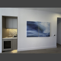 Flocean 15 - 72x48 large fine art underwater photograph of an abstract wave, displayed as a centerpiece in a living room