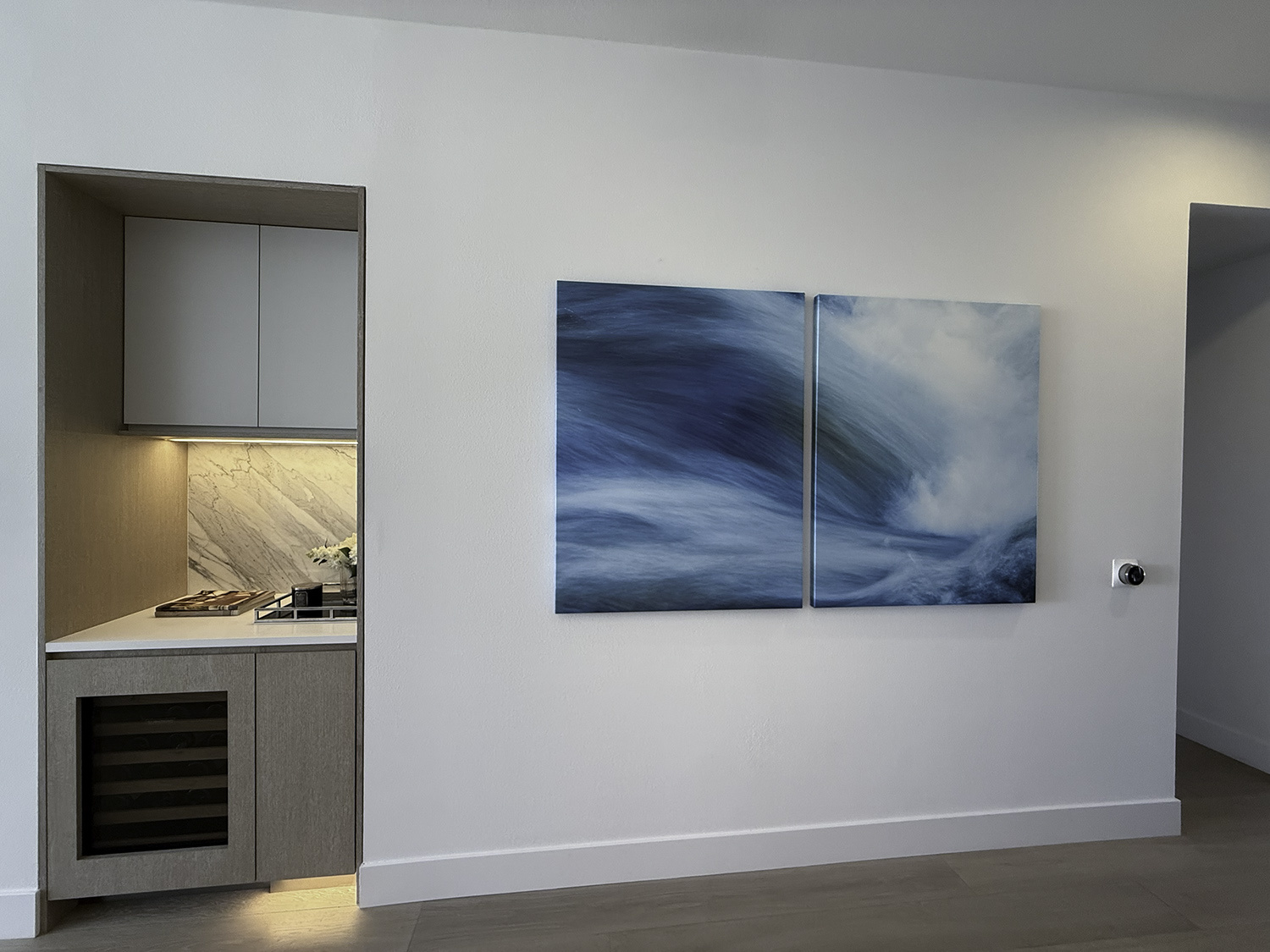 Flocean 15 - 72x48 large fine art underwater photograph of an abstract wave, displayed as a centerpiece in a living room