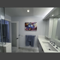 fine art underwater photograph of a pair of mandarinfish, displayed in a bathroom